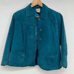 Chico's Teal Suede Leather Jacket Blazer Womens Size 0 Small‎